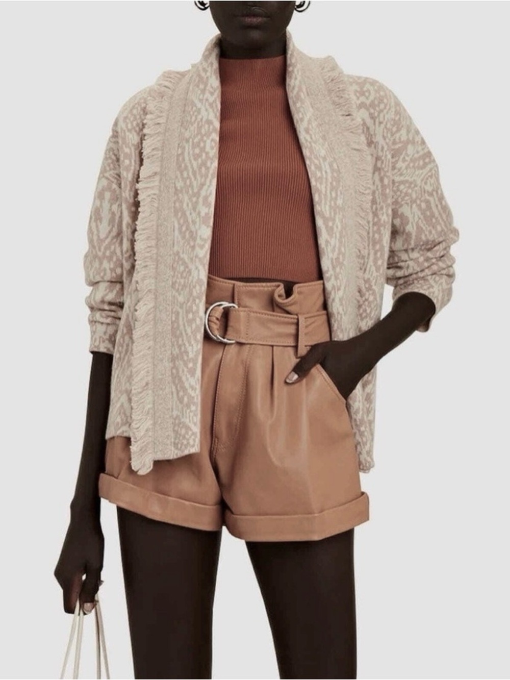 INTERMIX Simone Fringed Jacquard Wool Cashmere Cardigan Beige Size XS